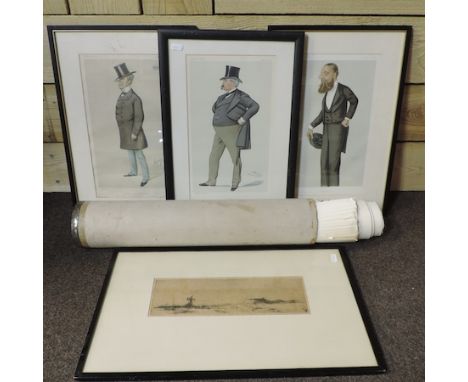 Frank H. Mason, signed print, a set of three spy prints, together with a folio of prints