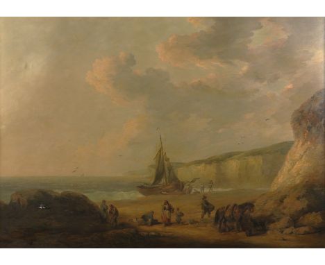 MANNER OF GEORGE MORLANDFigures gathering shellfish on the beach with fisherman unloading the catch beyond oil on canvas 92 x