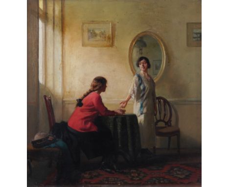 ARTHUR CROFT MITCHELL (BRITISH, 1872-1956)Two ladies in conversation in an interior oil on canvas 46 x 44cm (unframed)  Prove