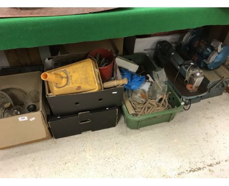 A bench grinder and a Straper 16" fretsaw together with various hand tools, a box of glass and three various pictures 