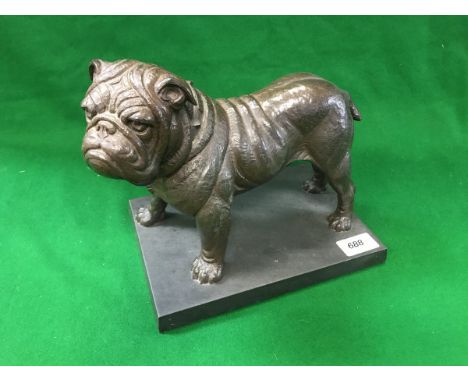 A bronze figure of a bulldog, the name "Mack" inscribed on his studded collar raised on a plinth base