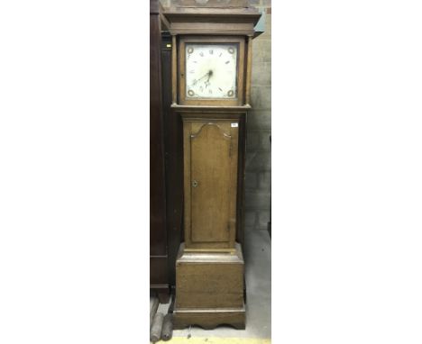 A 19th Century oak cased long case clock, the enamel dial with Roman numerals and remnants of name (indistinct) 