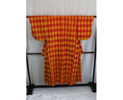 A circa 1970 wool kimono with Yagasuri (arrow) decoration in yellow and orange together with a circa 1990 wool Hakama (kimono