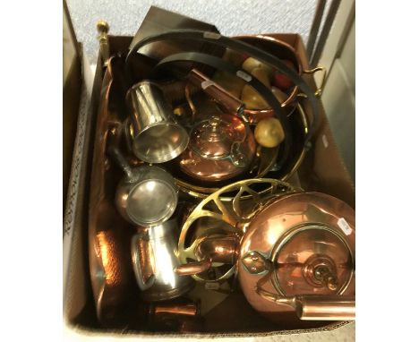 A collection of brass and copper wares to include Victorian brass iron handled jam pan, a coal bucket, kettle, trivet etc tog