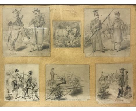 Six 19TH CENTURY FRENCH pencil studies depicting various military people and scenes housed in one frame, together with AFTER 