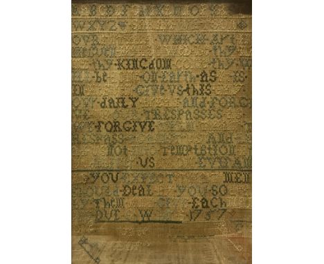 An 18th Century sampler framed and glazed dated 1757, together with various paintings and prints
