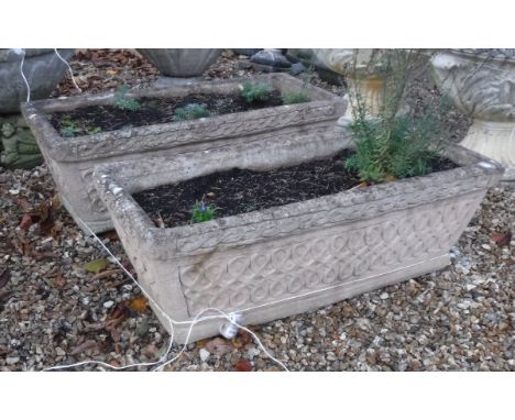 A pair of Haddonstone Celtic Knot style decorated rectangular planters