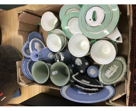 A box containing assorted modern Wedgwood Jasperware trinket dishes, vases etc together with a Pailssy part tea service