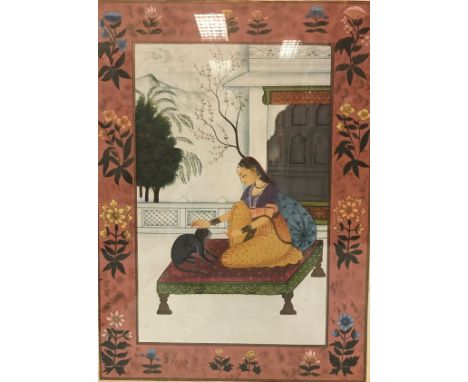MOGHAL SCHOOL "Young woman on a stool stroking cat" watercolour gouache unsigned together with another "Figures in a garden s