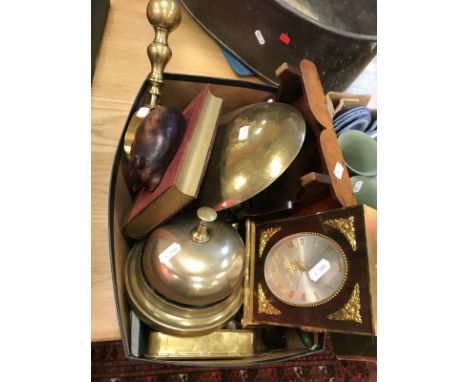 A collection of various metalwares to include table bell, brass cased aneroid barometer, fireside companion set, brass framed