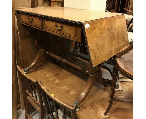 A modern burr walnut veneer drop leaf sofa table 