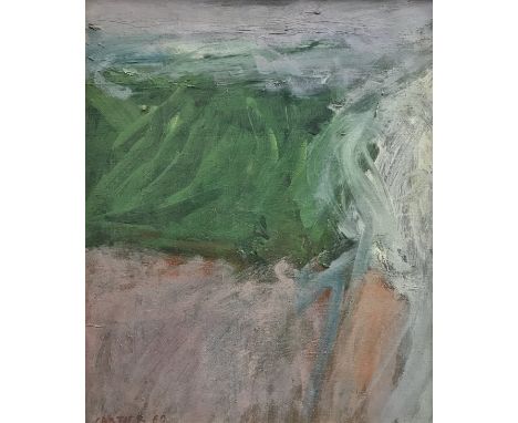 J S CARTIER (born 1932) "Landscape", a modernist study in green, grey and pink, oil on canvas signed and dated 60 lower left,