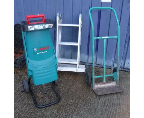 A Bosch AXT Rapid 2000 electric garden shredder together with a folding ladder and sack barrow 