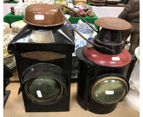 An Adlake No. 22 LMS railway lamp with bullseye glass black painted and copper, an Adlake non-sweating lamp LMS with bullseye