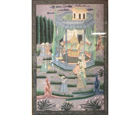 20TH CENTURY MOGHAL SCHOOL "Figures in a garden setting with seated figure taking court holding court in background" watercol