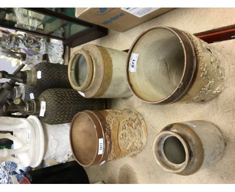 Two 19th Century stoneware jars bearing Royal cipher together with two plain stoneware jars and three vintage soda siphons