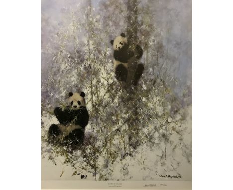 AFTER DAVID SHEPHERD "Winter in Wolong", a limited edition print depicting pandas in the snow signed and numbered 594 from 95