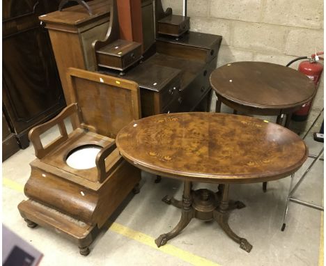 A small circa 1900 walnut and inlaid loo table, mahogany and inlaid dressing chest, commode stool and Edwardian mahogany circ
