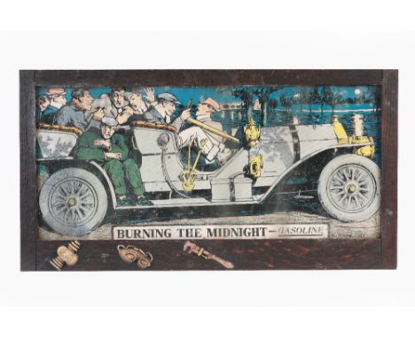 After R. A. Rheem, 'Burning the Midnight - Gasoline',  print on paper,10 x 21 1/2 inches, frame decorated with 3 motoring acc