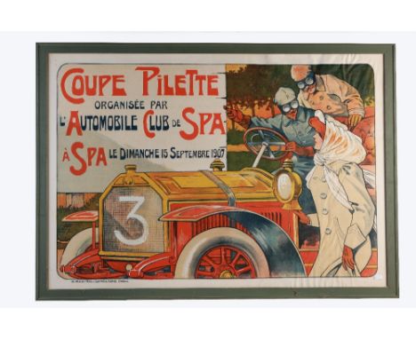 A Coupe Pilette race meeting advertising poster, L' Automobile Club de Spa, 1907,published by Gouweloos Frere & Soeur, Bruxel