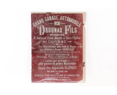 A printed embossed car sign for the Grand Garage Automobile Drounau Fils in Cognac,maroon card with embossed silvered letteri