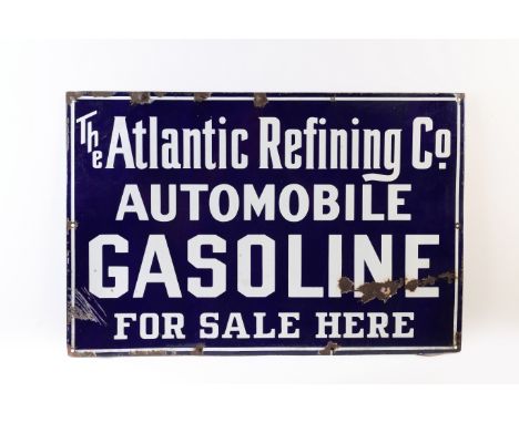 The Atlantic Refining Co Automobile Gasoline for sale here, enamel sign,single-sided in white on blue, 20 x 30 inches, (some 