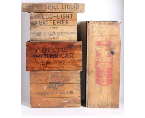 Four decorative wooden packing boxes,comprising Packard Motor Oils, 15 x 21 x 10 1/2 inches; Delco-Light Batteries 'Do not Sp