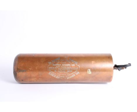 A Searchlight Company 'The Great White Light' acetylene tank, American,number 93508, copper tank, with pressure gauge and spa