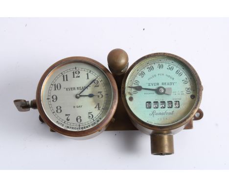 A rare 'Ever Ready' dual instrument cluster by Auto Improvement Co of New York, patented 1906,brass cases comprising speedome