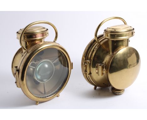 A fine and rare pair of BRC model 407 acetylene headlamps, French, circa 1905,brass with 9 inch diameter lens with 4 inch dia