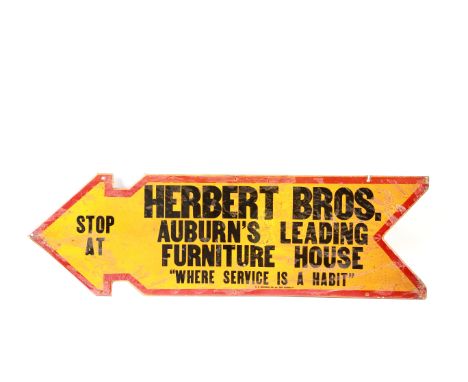 A Stop at Herbert Bros, printed tin arrow advertising sign,single-sided embossed, 30 inches wide, (some weathering). Lot to b