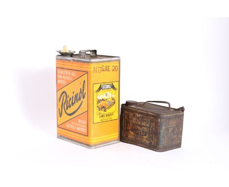 Two decorative oil cans,comprising Ricinol  13 x 9 x 6 inches, and Sears Roebuck Automobile Oil, I gallon can, each decorated