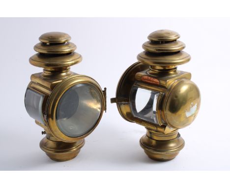 A pair of model 358 BRC sidelamps, French, circa 1908,brass, once oil illuminated now converted to acetylene, 5 1/2 inch diam