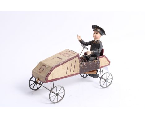 An early 'Coupe Gordon Bennett' racing car toy, French, circa 1902,wood and painted canvas car, with cast metal wheels, with 