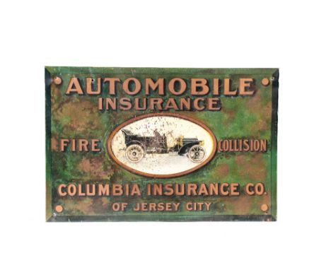 A Columbia Automobile Insurance printed tin advertisement , American, circa 1930,single-sided, folded tin edging over card ba
