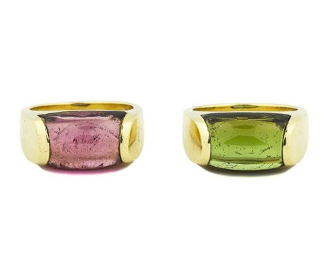 BULGARI, A PAIR OF 18 KARAT YELLOW GOLD GEM-SET RINGS A pair of rings model 'Tronchetto', one centered by a cabochon-cut pink