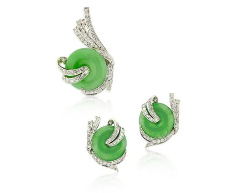 JADE AND DIAMOND EAR CLIPS AND PENDANT-BROOCH Containing a pair of ear clips and pendant-brooch, the ear clips center jade ri