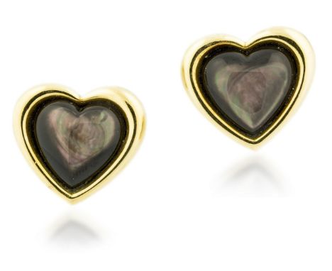 MABOUSSIN 'HEART' EAR CLIPS Pair of Gold, Mother of Pearl 'Heart' Ear Clips, bezel set with heart shaped black mother of pear