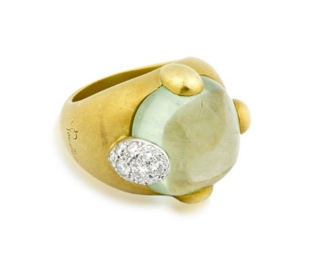 POMELLATO, 18 KARAT, AQUAMARINE AND DIAMOND RING Model 'Griffe', centered by an aquamarine and diamonds weighing approximatel