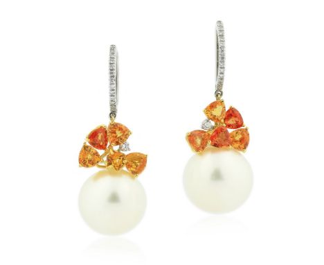 18 KARAT PEARL, SAPPHIRE AND DIAMOND PENDANT EARRINGS Pair of 18 Karat White Gold, South Sea Cultured Pearl, Sapphire and Dia