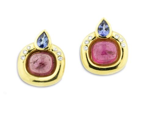 R.CIPULLO PAIR OF DIAMOND TOURMALINE&TANZANITE EARRINGS Centering two tourmaline cabochons measuring approximately 9.88 by 8.