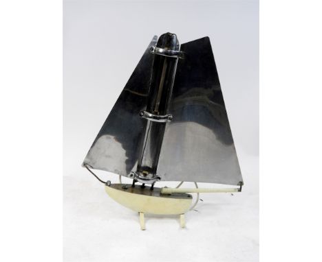 A Bunting Art Deco room heater in the form of a yacht, mid 20th century with painted hull and boom on bracket feet, collector