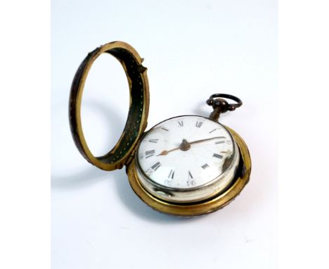 Pair cased tortoiseshell 18th century silver pocket watch with white enamel dial and roman and arabic numerals. Outer toroise