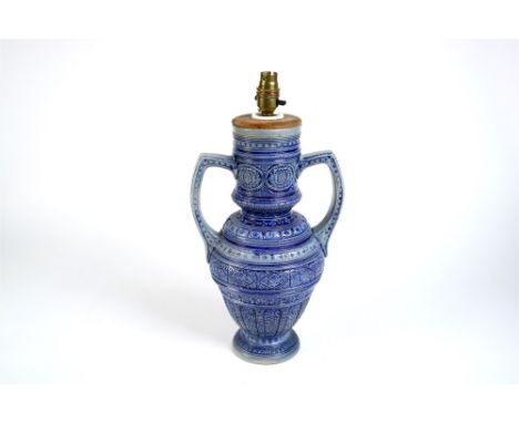 A German twin-handled stoneware vase converted to a lamp late 19th century, 38cm high