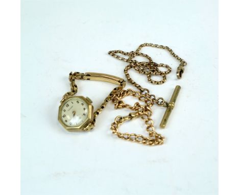 A curb link bracelet, stamped '15' (possibly converted from an albert') together with a 9ct gold Rotary wristwatch with octag