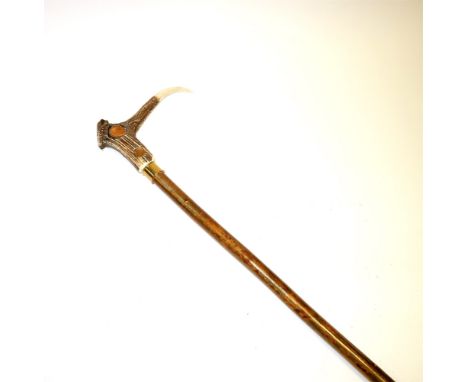 A turned hazel walking stick with antler handle and inset boss marked ‘Dartmoor Prison’ and also four various inset Victorian