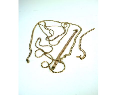 Three 9ct gold chain necklaces, together with a double link rose metal bracelet, stamped '375', a 9ct yellow gold rope twist 