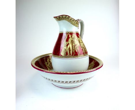 A Victorian five piece ceramic wash set comprising large jug, bowl, chamber pot, lidded soap and brush pots, with registratio
