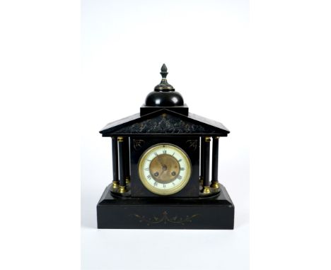 A Victorian slate portico mantel clock, architecturally modelled with a pointed pediment accommodating a low relief frieze en