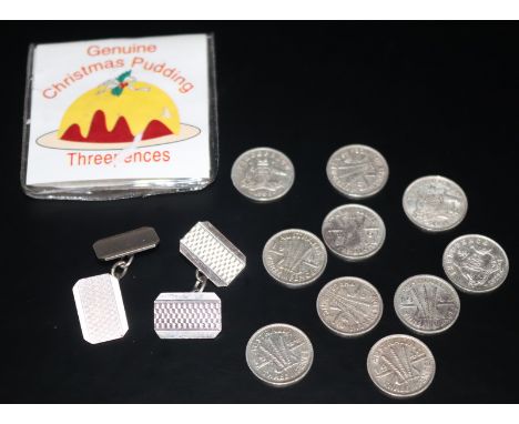 Pair Of Gents Silver Cufflinks, Engine Turned Fronts, Together With A Small Collection Of Threepences 